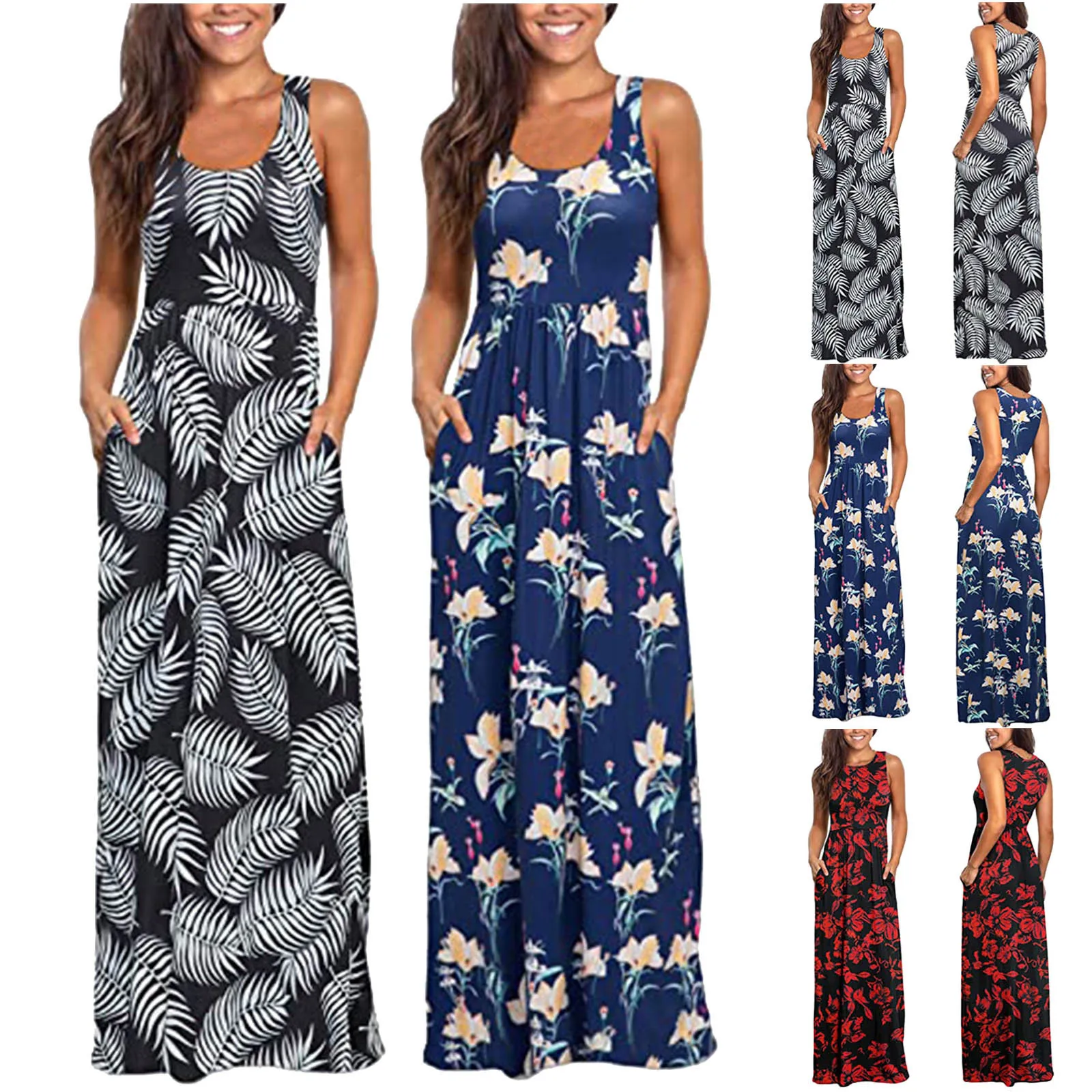 

60# Women's Dress Ladies Sleeveless Pocket Casual Floral Printing Beach Long Maxi Loose Dress Beach Sundress Vestidos Plus Size