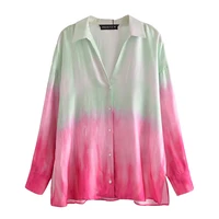 xnwmnz za women fashion tie dye print loose cozy blouses vintage long sleeve button up female shirts blusas chic tops
