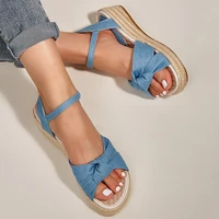 2021 women new sandals denim bow knot fashion wedges platform shoes casual work office lady sandalias