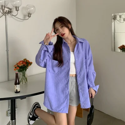 Женская Вельветовая рубашка фиолетового цвета с длинным рукавом | одежда