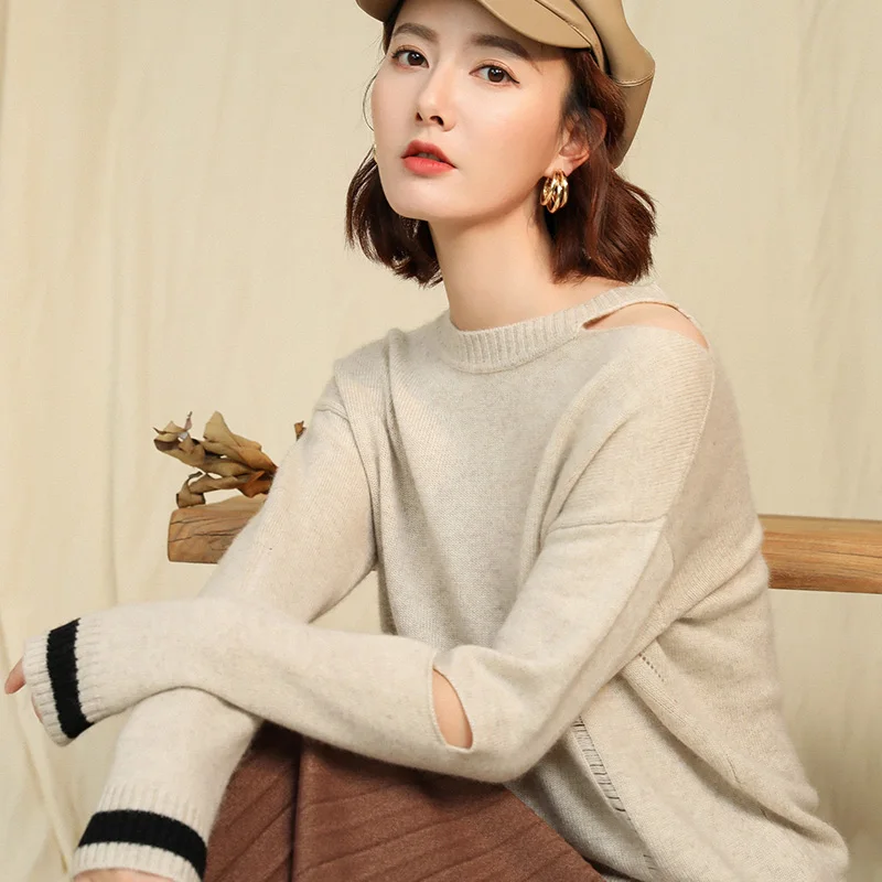 

Fashion round neck pullover 100% cashmere sweater casual loose long sleeve sweater ladies knitted solid color FRSEUCAG brand