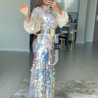Attention Rainbow Dresses Sequins Long Sleeve High Neck Mermaid Evening Gowns Fashion Girls Birthday Party Dress vestidos
