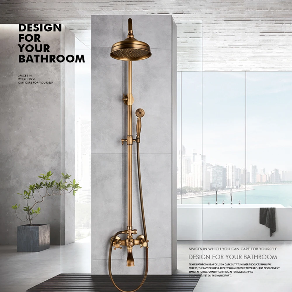 

POIQIHY Antique Shower Set Wall Bathroom Bath Shower Faucet Rainfall Brass Swivel Spout Mixer Tap Sliding Bar Shower System