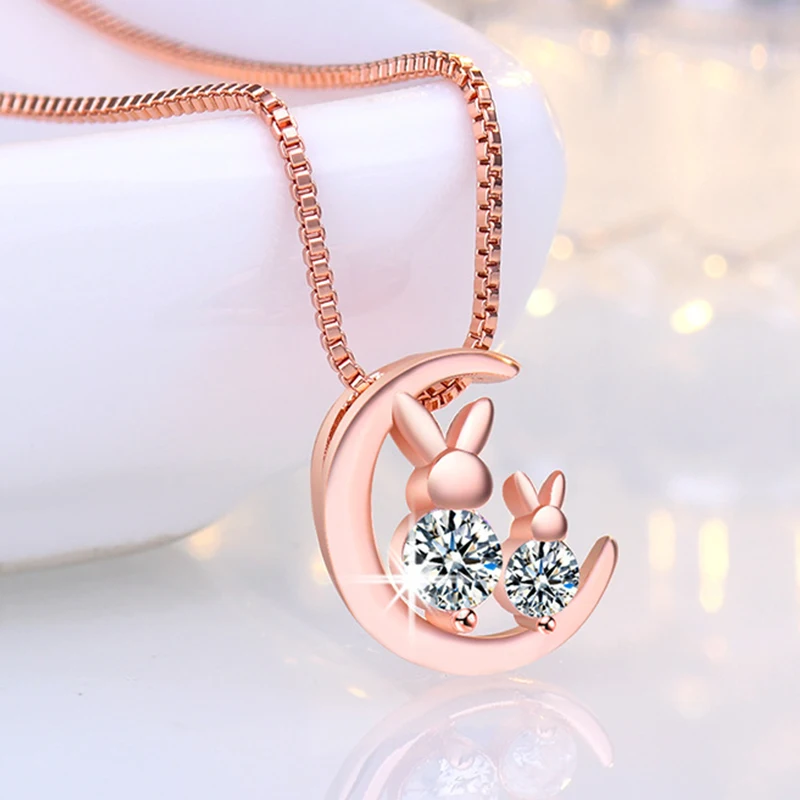 

New Moon Rabbit Zircon Necklace Pendant Rose Gold Platinum Neck Chain Female Fashion Jewelry Set Fine Accessories Ornament Women