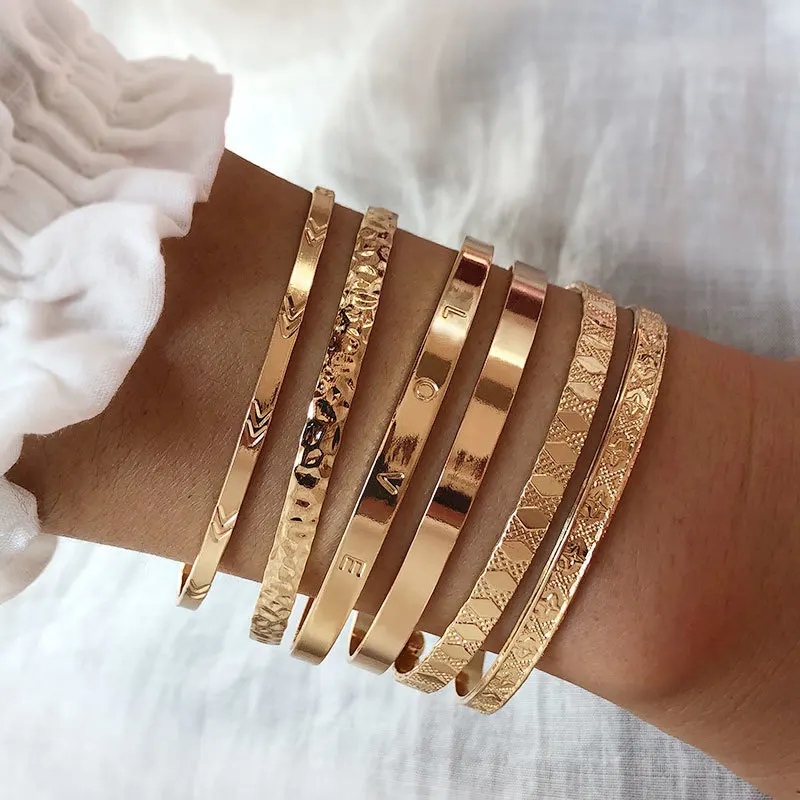 

6PCS Set Boho Gold Color Cuff Bangles 2022 Fashion Bracelet Love Pulseiras Bangles Feminina Jewelry Charm Women Jewelry Gifts