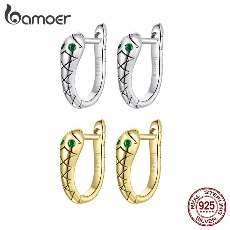 Bamoer-pendientes de serpiente de plata de ley 925 para mujer, aretes de aro de circonia cúbica verde resistentes al deslustre chapados en platino, SCE1104