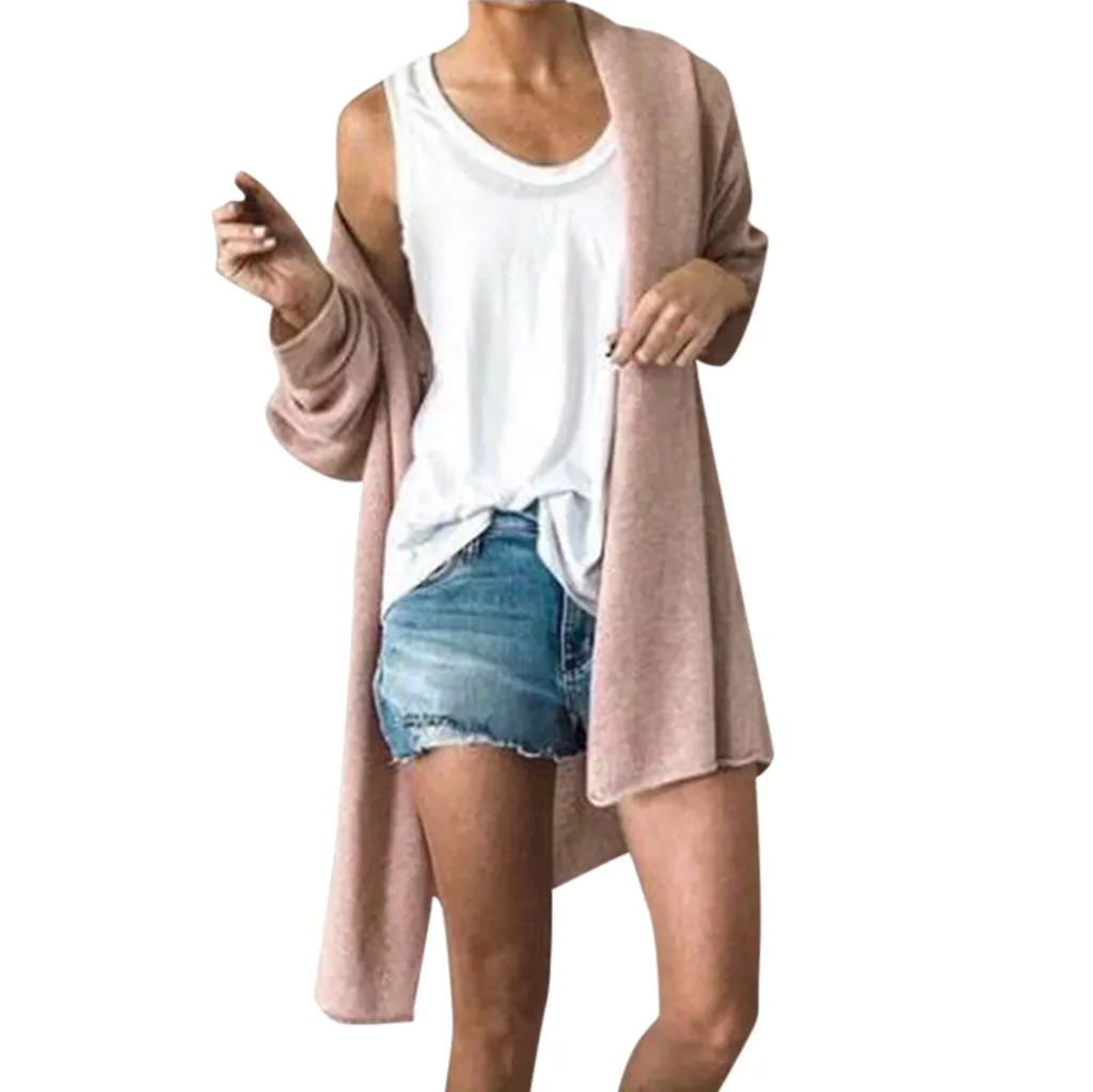 Кардиганы женские топы размера плюс 2019 Женская мода Длинный рукав сплошной цвет