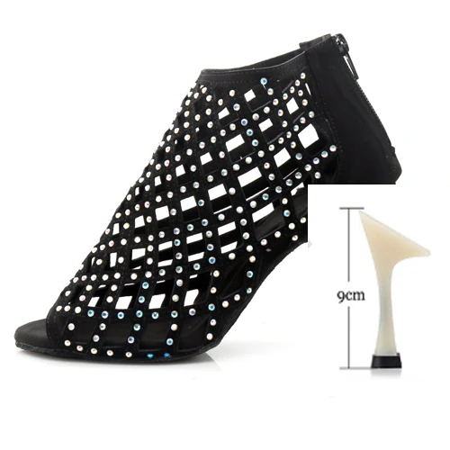 heel 9cm WUXIJIAO женская обувь для танцев из черной замши, сверкающие стразы обувь для латинских танцев Обувь для бальных танцев 10 см обувь для танго - Цвет: heel 9cm