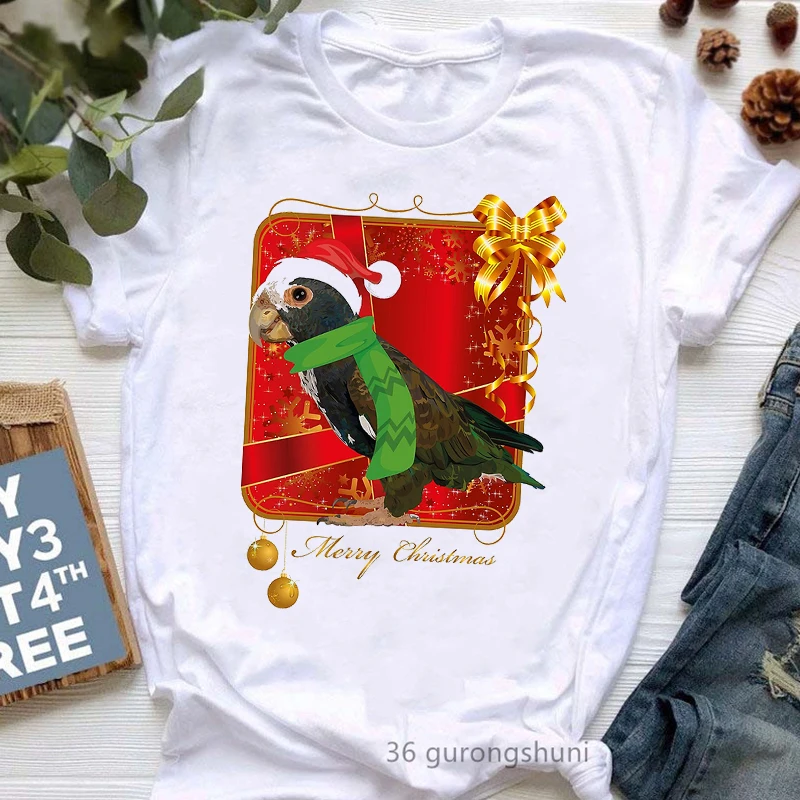 

Women'S Clothing Funny Merry Christmas Cockatiel Parrot Print T-Shirt Girls Harajuku Kawaii Clothes Summmer Top Tee Shirt Femme