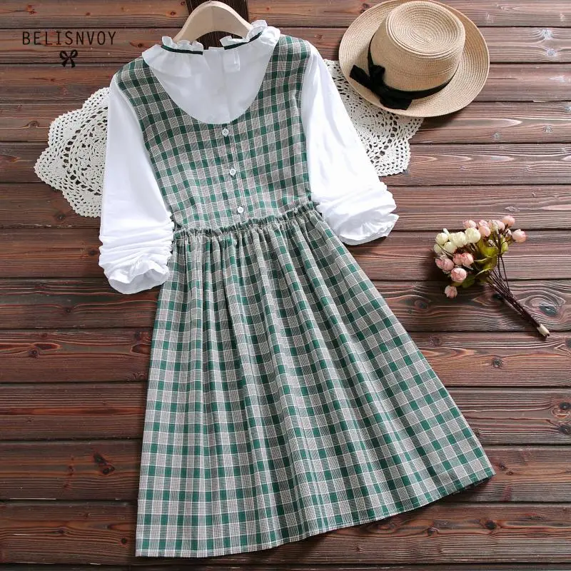 Женское клетчатое платье из двух частей Mori Girl милое с оборками и длинным рукавом