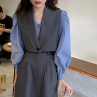 fashion ol work wear vest set puff sleeve blouseshort blazer vestslim waist long style split skirt 3pcs set female korea