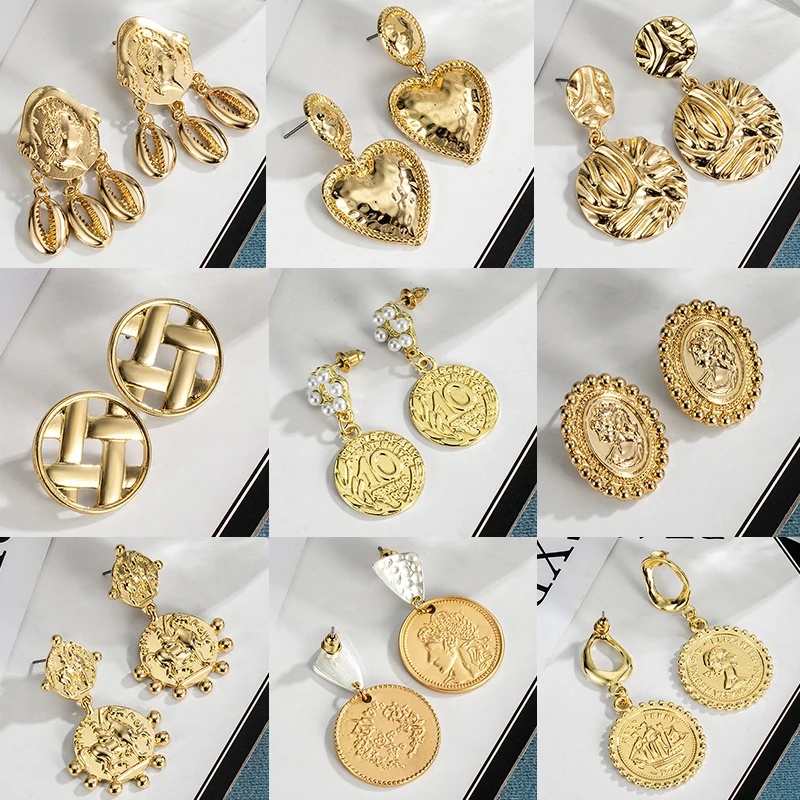 

Fashion Statement Unusual Gold Drop Earrings For Women Vintage Geometric Portrait Coin Dangle Female Earrings 2021 Trend Jewelry