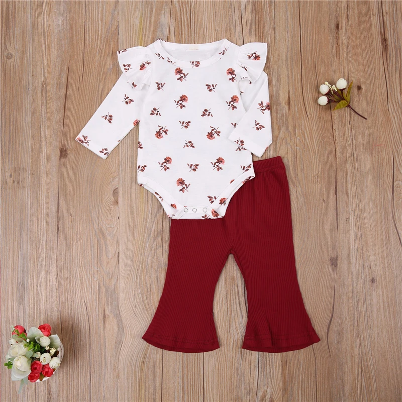 

2Pcs Girl Clothes Baby Floral Romper Round Collar Long Sleeves Crotch Buttons Bodysuit Red Wide-Leg Flares Pants 0-24M