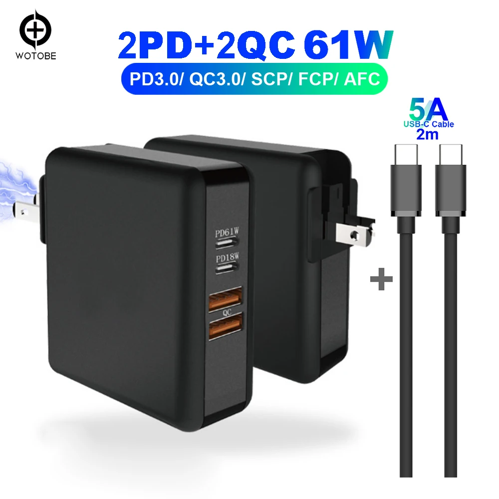 2 порта PD 61 Вт USB C адаптер питания 2 порта QC3.0 18 Вт настенное зарядное устройство для huawei xiaomi samsung iPad iPhone MacBook(и USB-C кабель