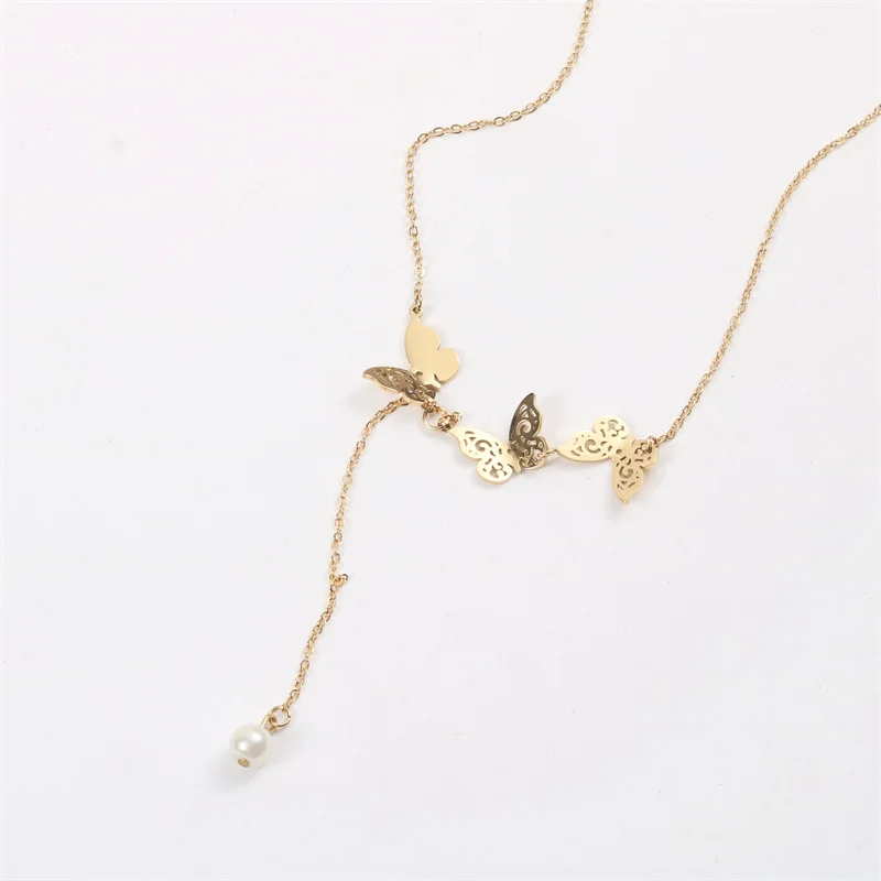Цепочка женская с жемчугом и бабочкой ожерелье из нержавеющей стали простого