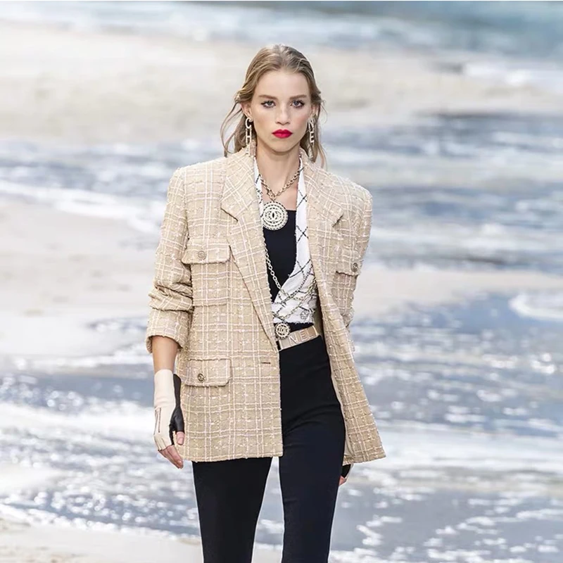 

Женская твидовая куртка, элегантная подиумная Роскошная брендовая дизайнерская клетчатая твидовая куртка в стиле «гусиные лапки», верхняя...
