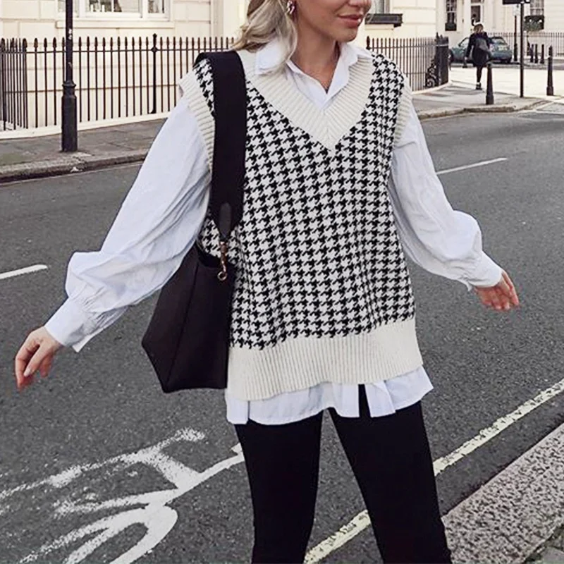 

Plaid Knitted Sweater Vest Women 2021 Oversized Pullover Vintage Sleeveless V-Neck Female Waistcoat Sweater Tops