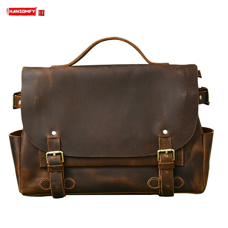 

Genuine Leather Briefcase Men's Handbag Retro British Style Laptop Bag Crazy Horse Leather Men Crossbody Shoulder Bags Schoolbag