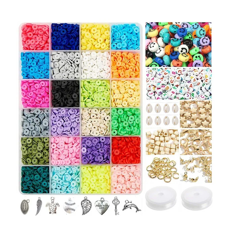 

3600Pcs Clay Beads for Jewelry Bracelet Making Kit 6mm 24 Colors Flat Polymer Heishi Beads DIY Kit with Letter Bead