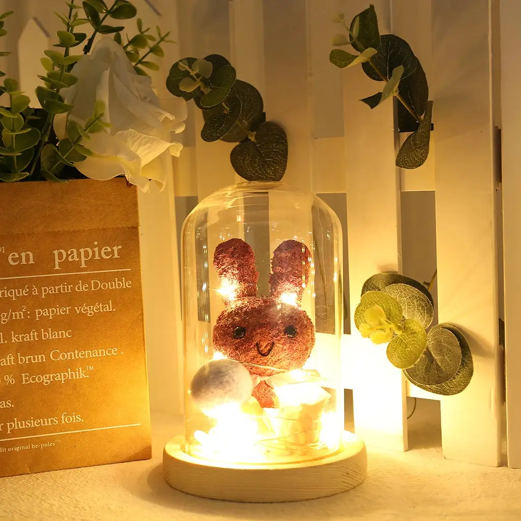 

Fairy Tale Lamp With Glass Cover Decoration Led Night Light Christmas Valentine's Day Wooden Base Little Rabbit Rose Lamp