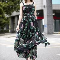 yilinhan 2021 new summer fashion elegant temperament rose printed belted long silk chiffon suspender boho beach maxi dress