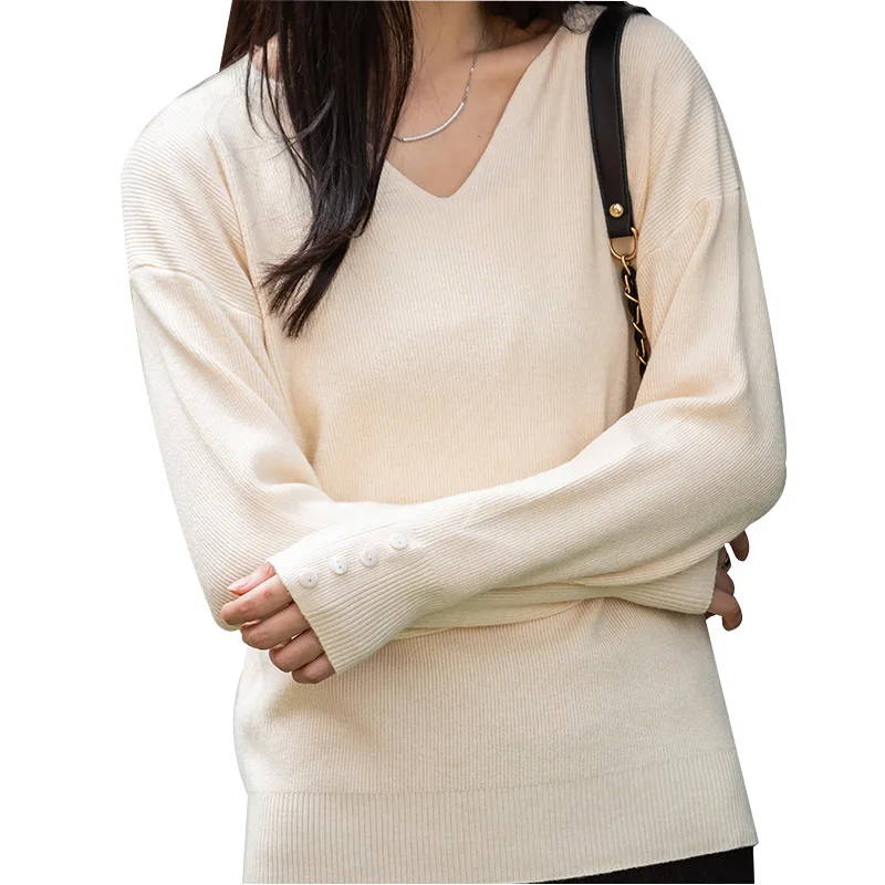 

Autumn Winter Cotton Sweaters Women Fashion Sexy V-neck Pullover Solid Color Simple Slim Jumpers Casual knitted tops Female