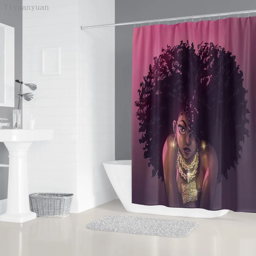

Африканская американская Женская занавеска для душа, занавеска для ванной из водонепроницаемого полиэстера с мультяшными рисунками и крюч...