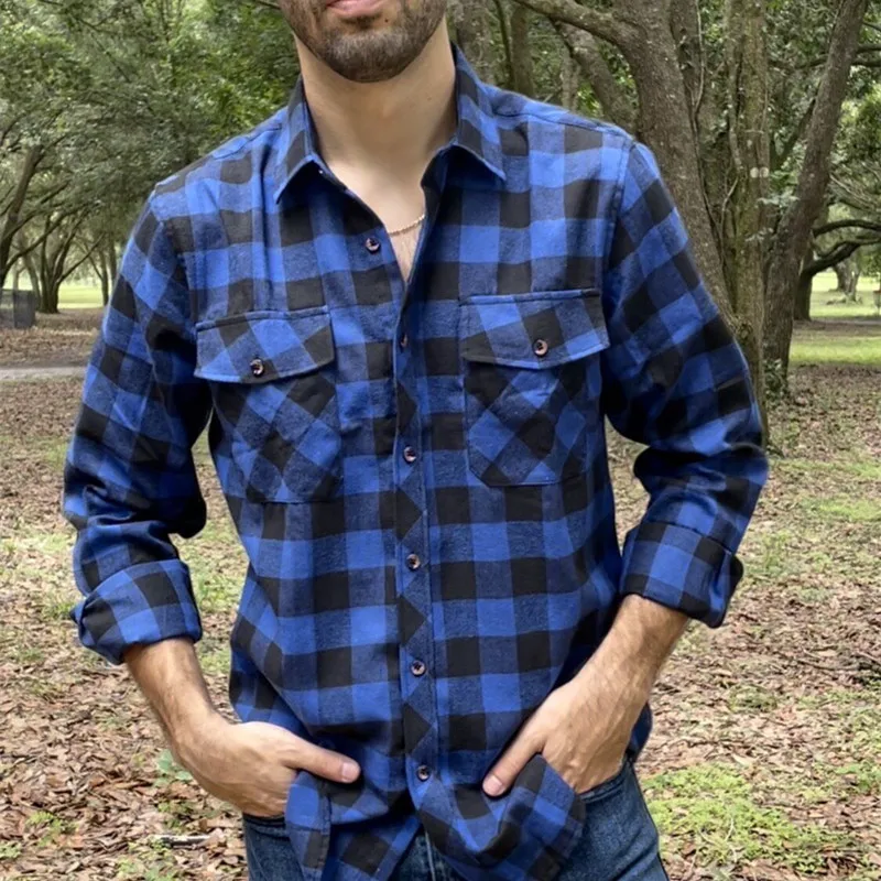 Fall Men's Flannel Plaid Long-Sleeved Casual Button Shirt USA Regular Fit Size S To 2XL, Classic Checkered, Double Pocket Design images - 6