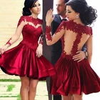 Короткие бордовые выпускные платья, кружевное Тюлевое вечернее платье с аппликацией, бальное платье с длинным рукавом, Платье До Колена Для свадебной вечеринки, Rochii