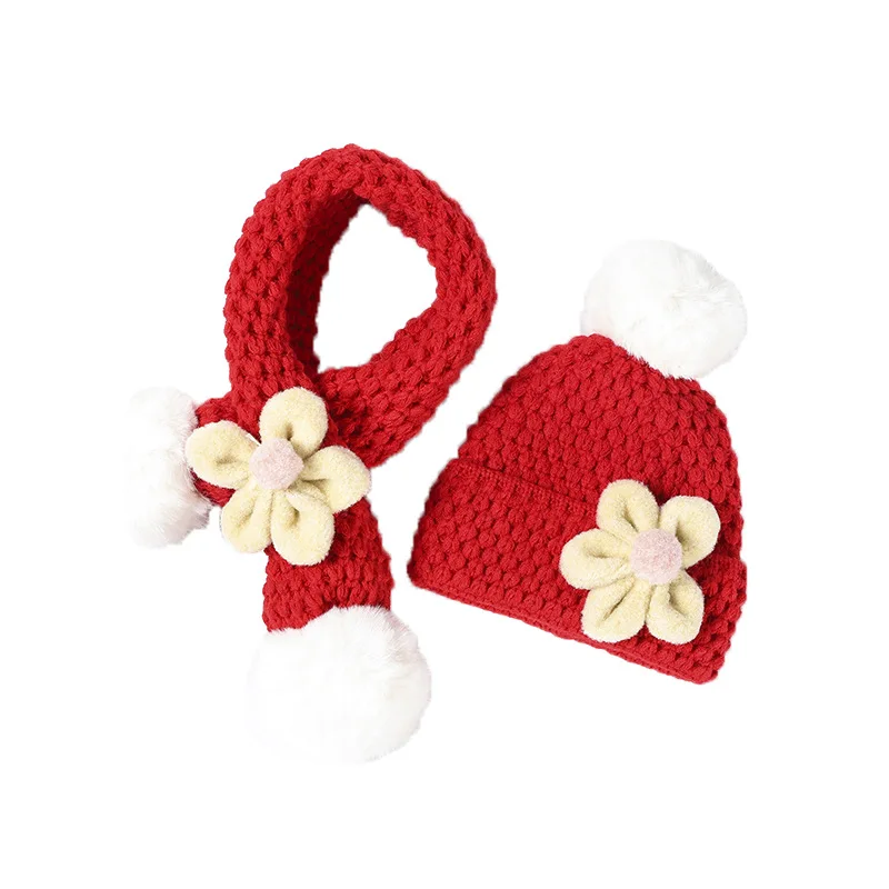

Children's Hat Scarf Set Korean Knitted Flower Baby Wool Cap Big Hair Ball Baby Cold Neck 1-3 Years Kids Hats Photography Props