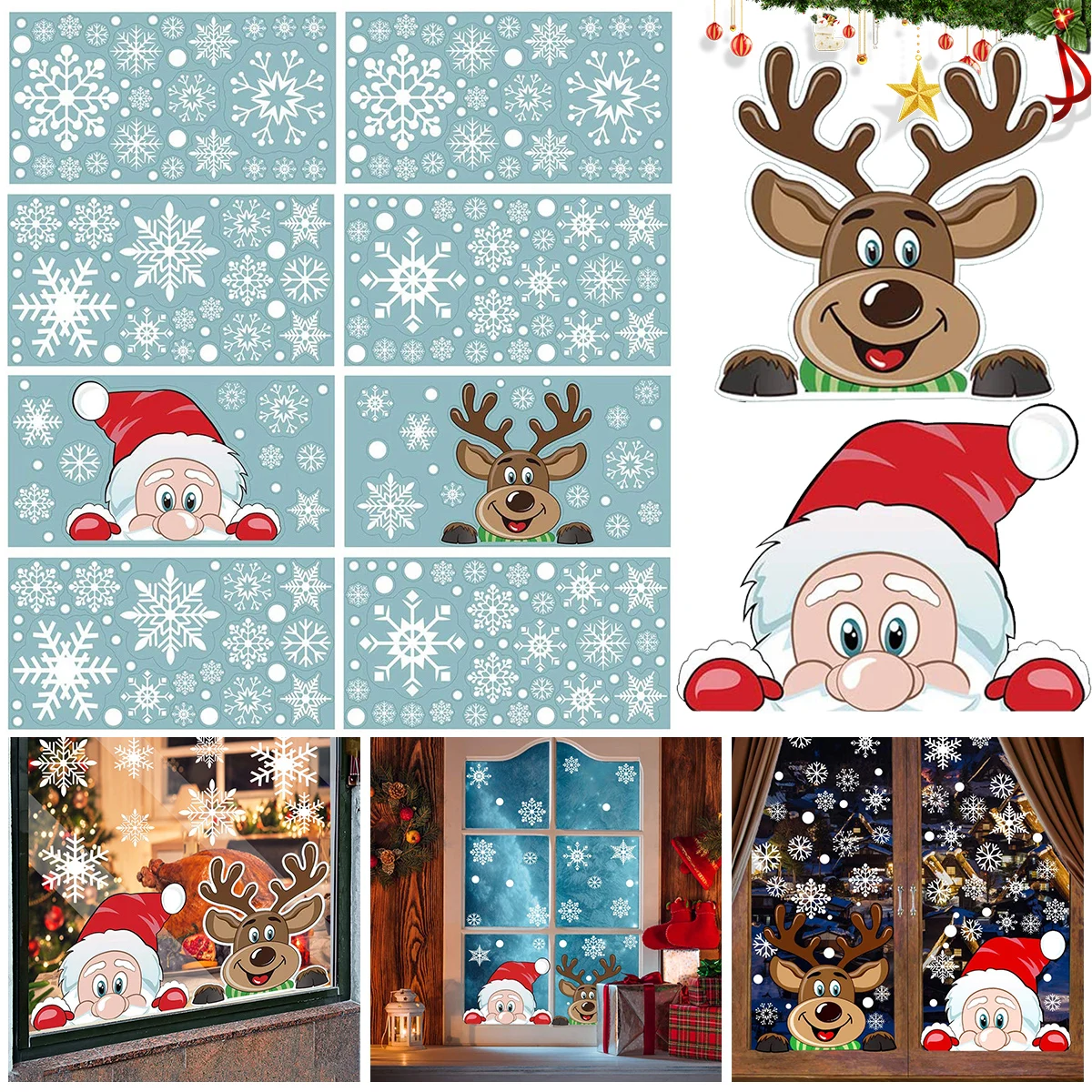 

8 Sheets Christmas Snowflake Window Cling Stickers Santa Claus Elk Wall Glass DIY Sticker Xmas Decorations for Holiday Party