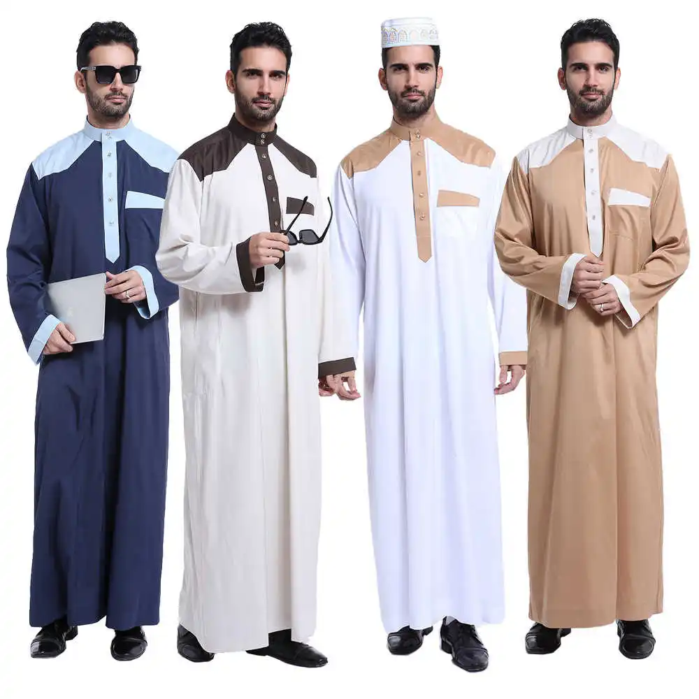 

New Muslim Moroccan Long Sleeve Islamic Men's Splicing Solid Color Robe Arabic Kaftan Saudi Dubai clothing Men Worship Abaya