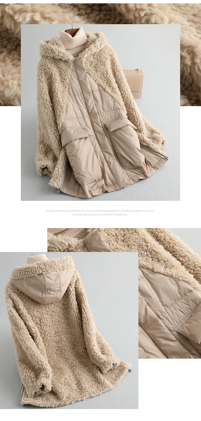 PUDI A59233 women winter polyester fabric real wool fur down warm jacket small camel fur girl coat lady Long jacket overcoat
