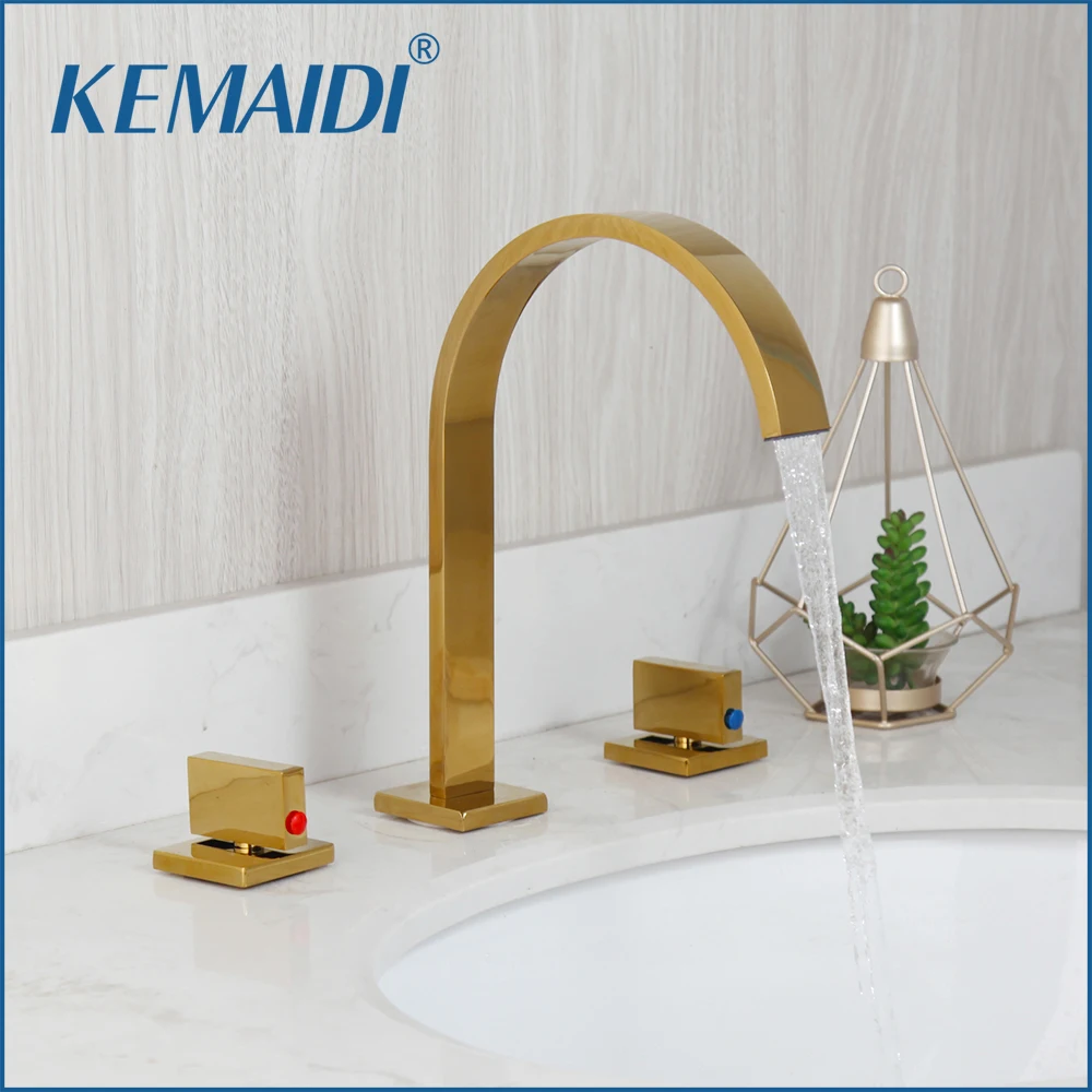 

KEMAIDI Gold 3 Bathroom Sink Faucet Tap Solid Brass Vessel Dual Handles Bathtub Mixer Hot Cold Water Faucets Waterfall Spout