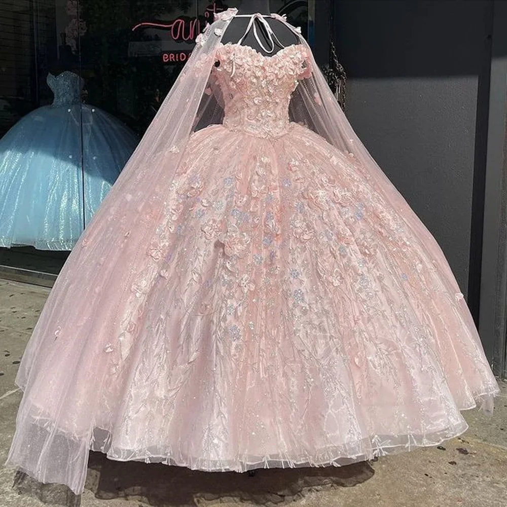 

Милое платье Quinceanera с открытыми плечами и запахом, 15 нарядов, 2022, платья с 3D цветами и бусинами, 16 дюймов, одежда для выпускного вечера