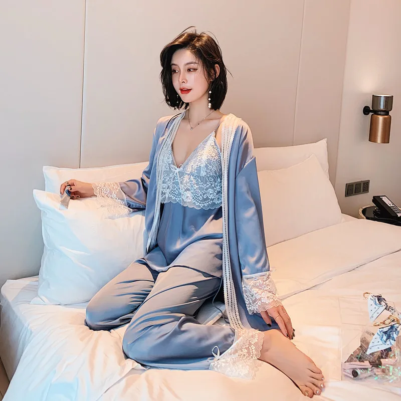 

Sexy Nightwear Gown Set Women 3PC Pyjama V-Neck Pajamas Silky Sleepwear Spring Lady Sleep Suit Robe Wear Home Negligee Homewear