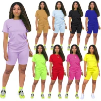 womens yoga suit sports leisure solid short sleeve top capris 2 pieces set tracksuit running training fitness female clothes