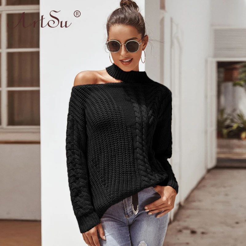 ArtSu Long Sleeve Women Winter Sweater Sexy One Shoulder Choker Halter Knitting Pullover Black Loose Truien Dames 2019 Christmas | Женская