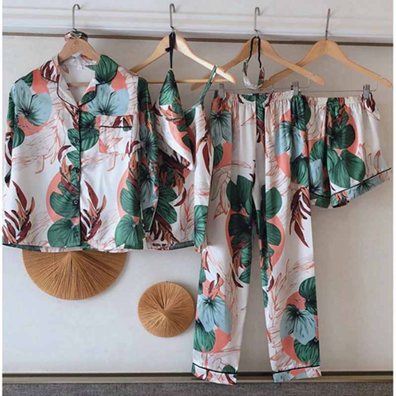 Women Pajamas Set 7 Pieces Satin Stripes Faux Silk Printing Pajamas For Woman Spring Summer Sleepwear Homewear