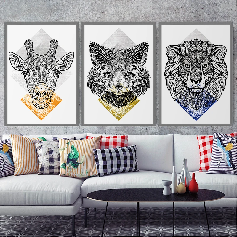 

Tribal Geometric Lion Fox Giraffe Head Art Print Canvas Poster Nordic Abstract Painting Wall Pictures for Living Room Home Decor