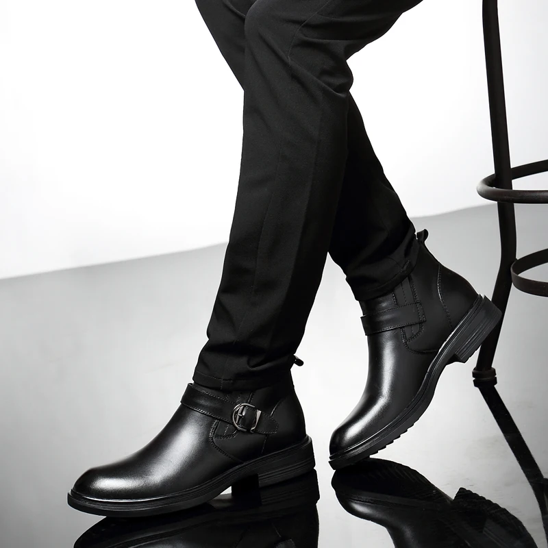 

Winter Men Chelsea Boots fashion Genuine Leather Mens Ankle Boots with fur warm Luxury Dress Shoesblack Male Basic snow Boots