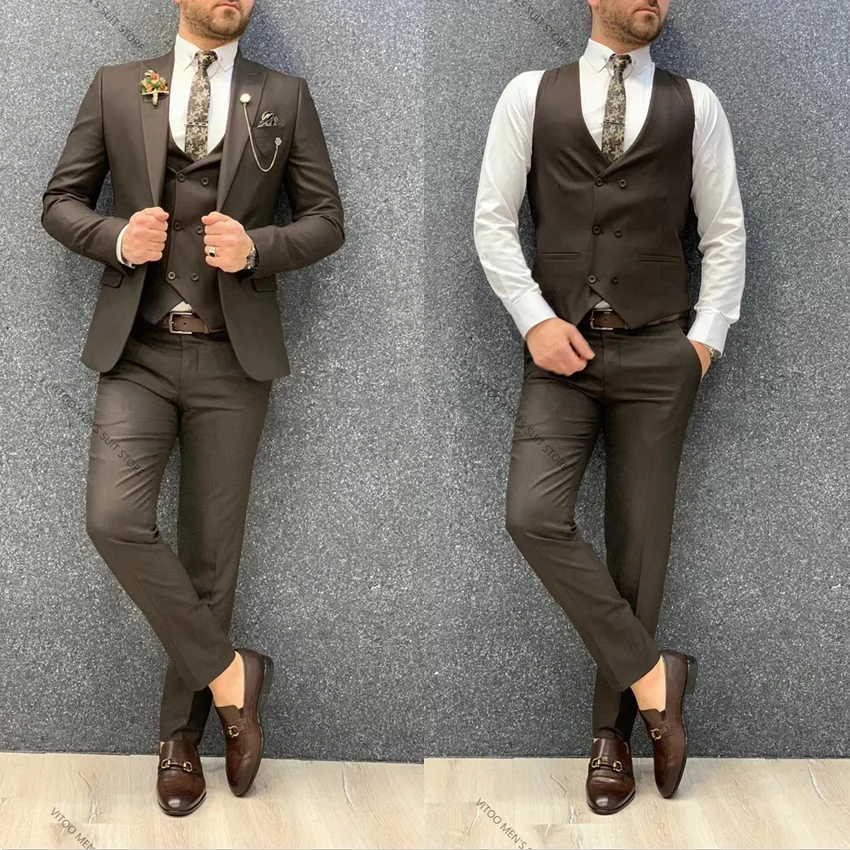 

Hot Sale Mens Suit Coffee Fashion Formal Business Slim Fit 3-Pcs Blazers Burgundy Pant Men's Tuxedo Wedding Male Suit Groom Suit