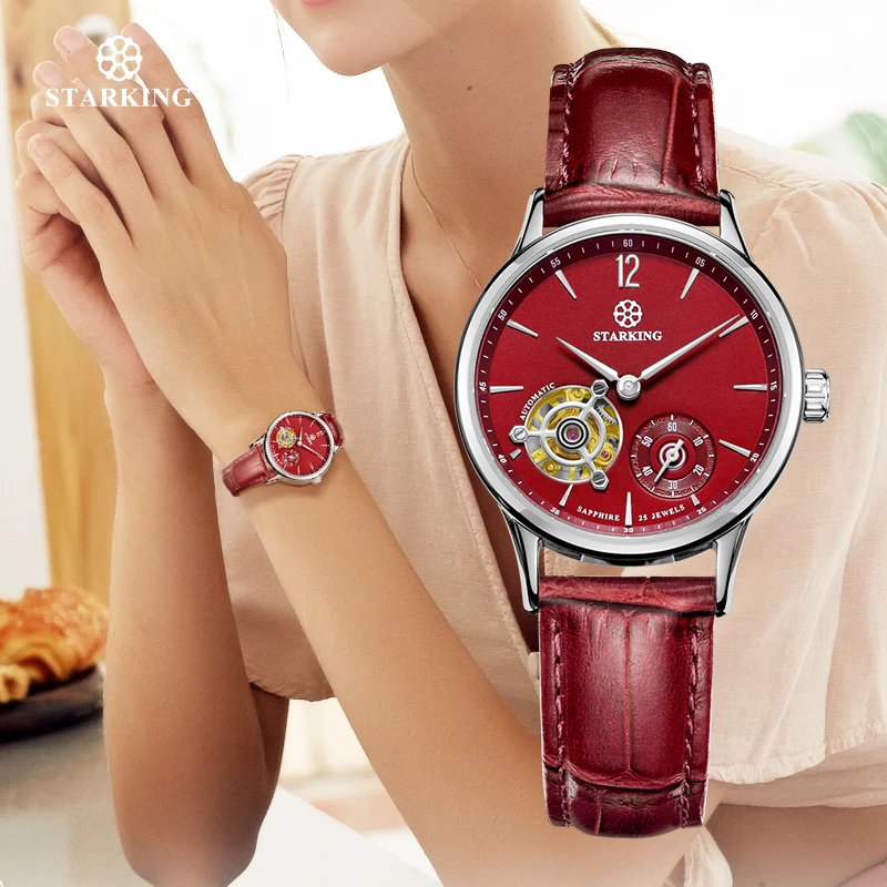 

STARKING Mechanical Women Wristwatches Red Leather Skeleton Analog Automatic Watches 5ATM Famous Brand Watch Rrelogio Feminino