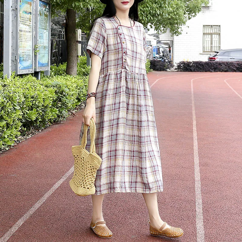 

Vintage size colorful covered buttons cotton linen short sleeve loose kawaii dress