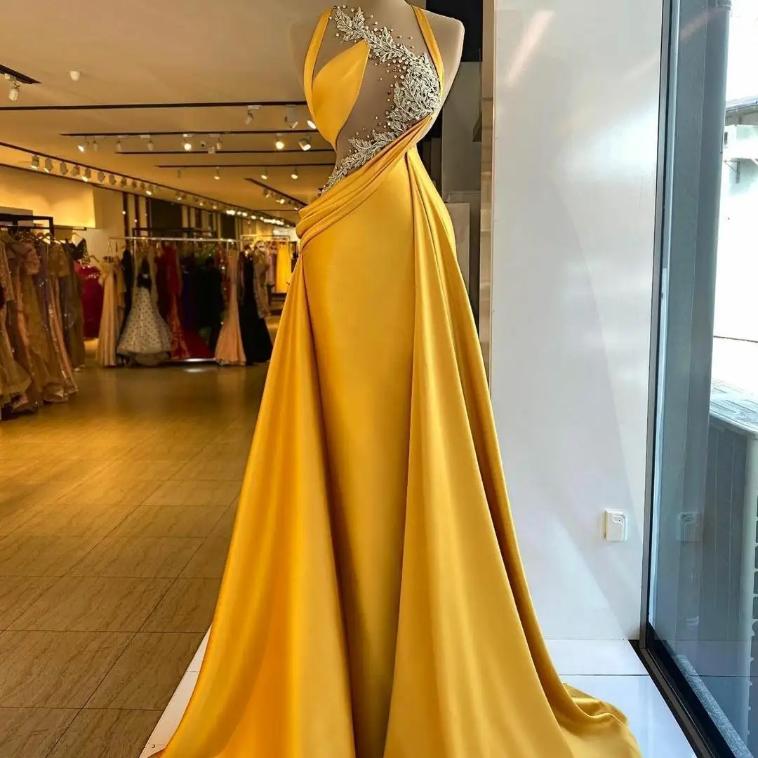 

Luxury Mermaid Evening Dresses Bright Yellow Beaded Crystals Sexy Top Illusion Prom Gowns Elegant Ruched Satin Party Dress