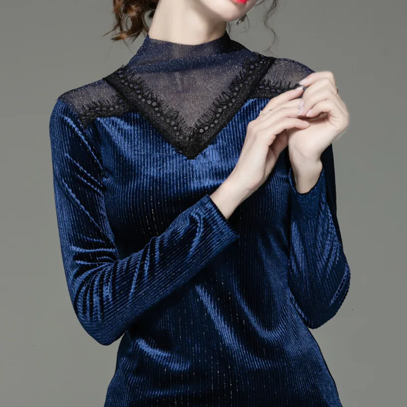 

XUXI Autumn Winter Sexy Shirt Lace Splice Half-high Collar Bright Silk Gold-Velvet Blouse Vintage Chemise Femme Clothes FZ0243