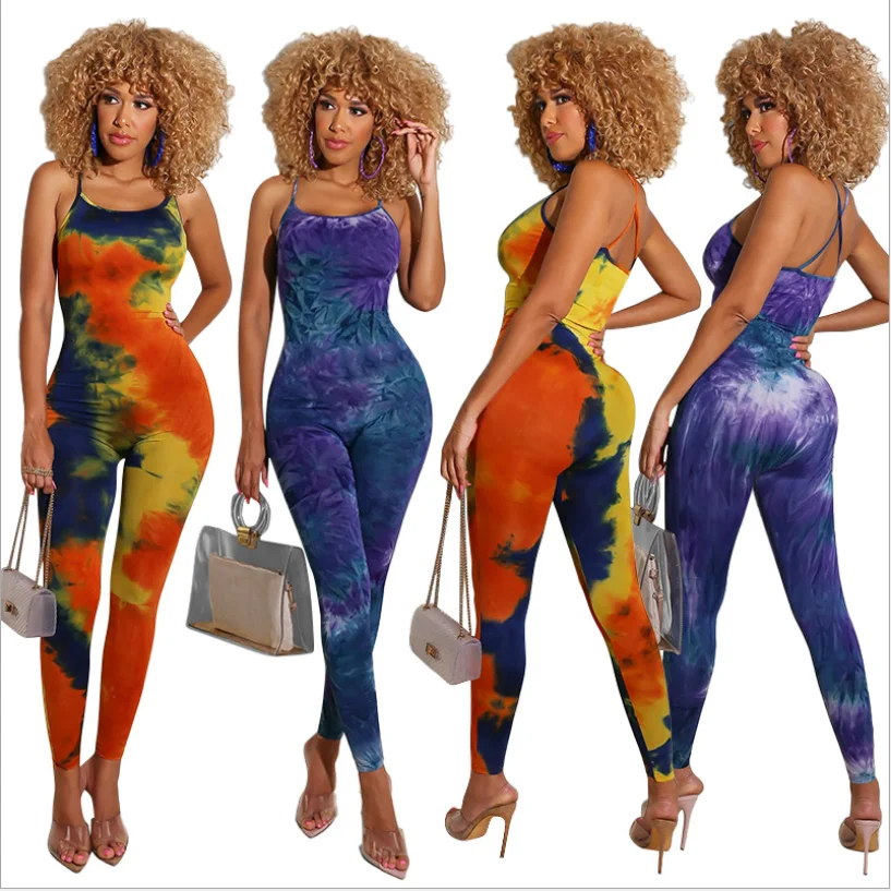 

Women Fashion Tie-Dye Printed Sport wear Jumpsuits Fashion Halter Backless Sleeveless Skinny Pencil Rompers 2020 Summer Hottest