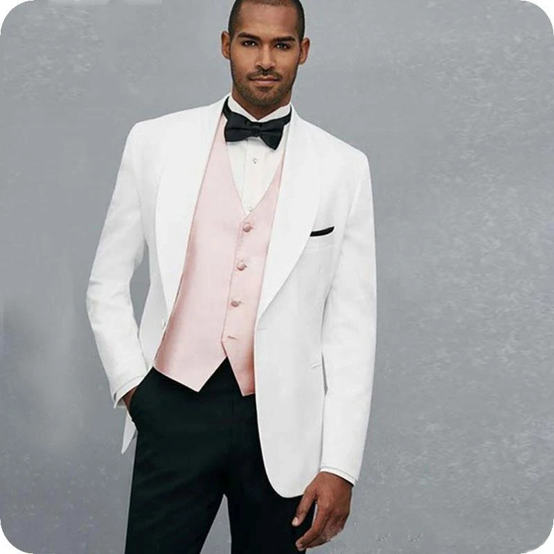 

Белые мужские костюмы 3 предмета на свадьбу, Блейзер, костюм, смокинг для жениха мужской модный комплект куртка розовый жилет с брюками 2020