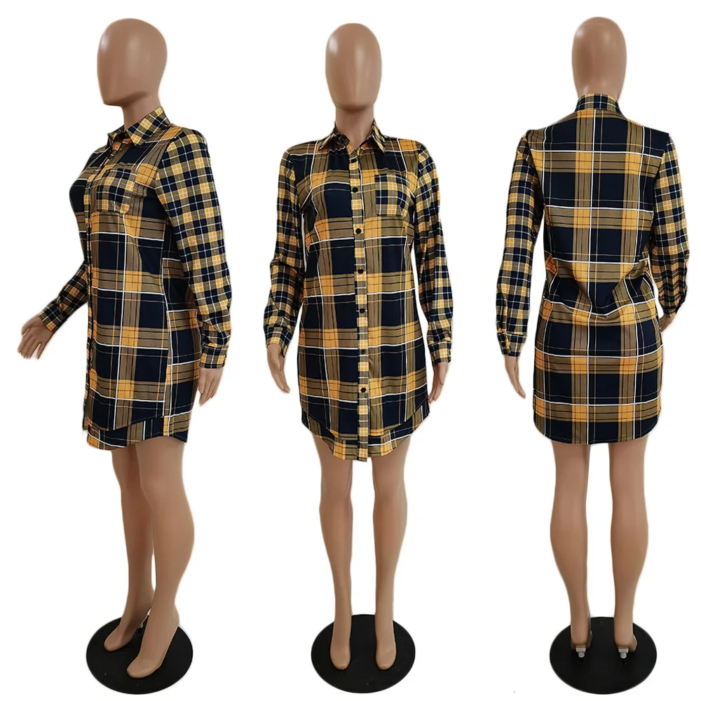 

Women Casual Blouse Dress Plaid Checkered Printed Turn Down Collar Long Sleeve Loose Dress Vintage Buttons Up Mini Dresses