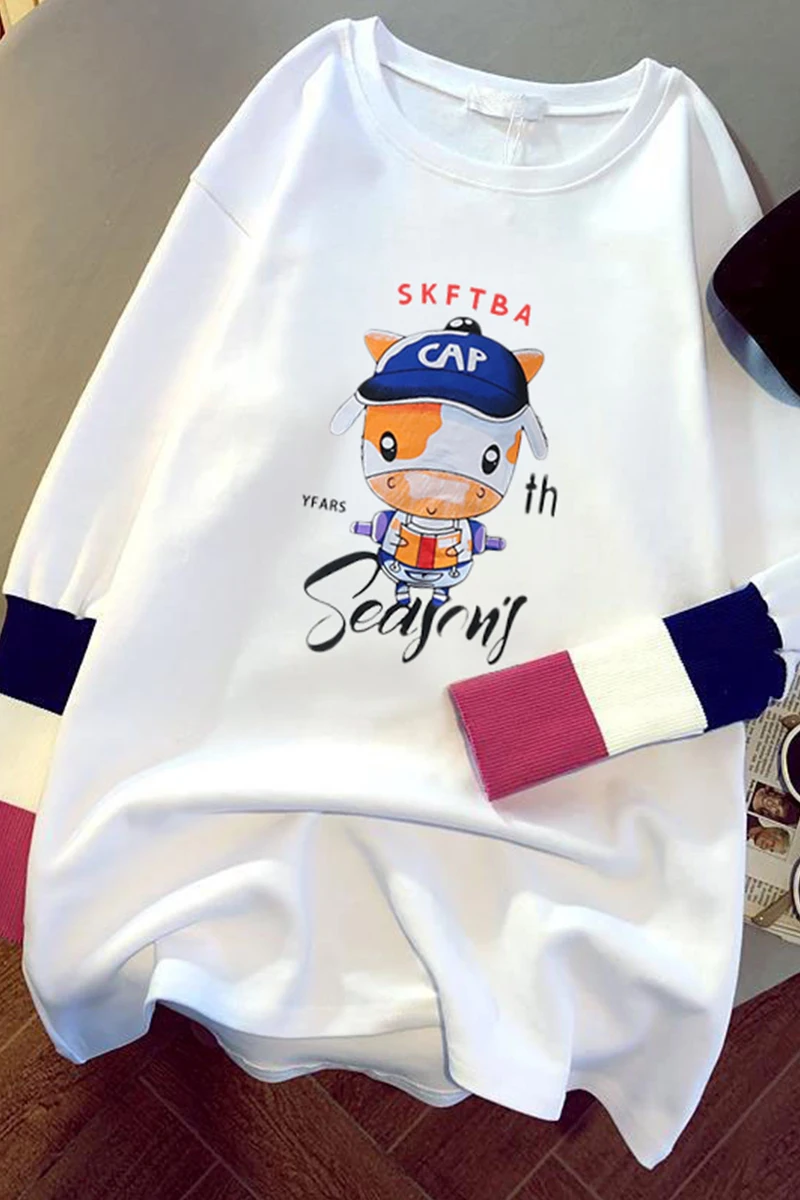 

Summer Cartoon Print Women's T-shirt The New Comfortable Loose Fashion Casual Long Sleeve Round Neck Top Cotton